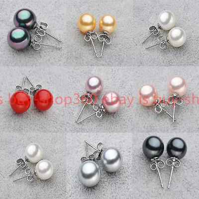 Beauty 8/10/12/14mm South Sea Shell Pearl Round Beads 925 Silver Stud Earrings • $2.74