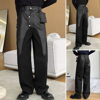 INCERUN Mens Fuax Leather Patchwork Splicing Long Pants Wide Leg Solid Trousers • $29.44