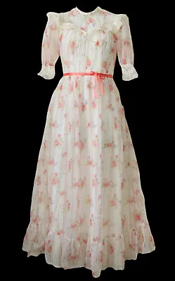 Dress Bridesmaid Wedding Vintage 70s Longsleeved CEREMONIA White Floral 10 34” • £54.99