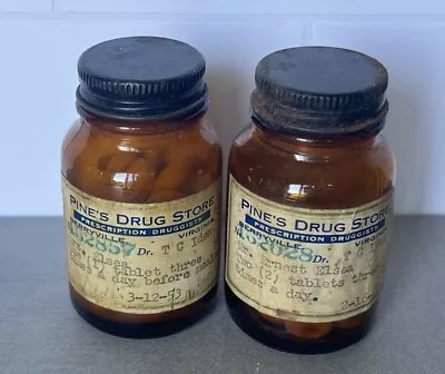 RARE Pine’s Drug Store Husband And Wife Prescription Pill Bottles Berryville Va • $35