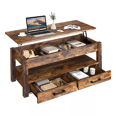 23 Inch Lift Top Rustic Open Storage Coffee Table With 2 Drawers Brown (Used) • $104.02