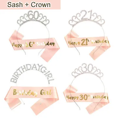 Birthday Tiara Rhinestones Headband Rose Gold Sash 40/50/60th Girls Crown Party • £4.79