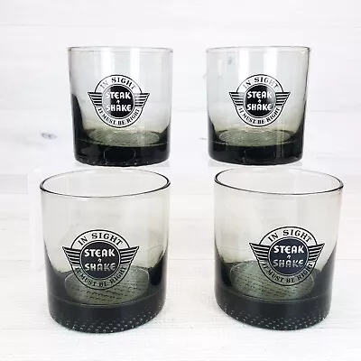 Vintage Steak N Shake Smoked Glass 3.5  On The Rocks Set 4 Bar Glasses W Logo • $39.99