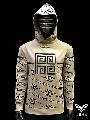 New Mens Beige Slim Fit Hoodie Sweatshirt Black Greek Cubic Stripes Rhinestones • $39.99