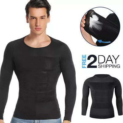 Men Slimming Body Shaper Hide Moobs Firm Tummy Control Abdomen Long Sleeve Shirt • $14.99