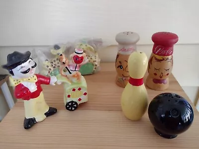 Vintage Salt And Pepper Shakers Organ Grinder Monkey Bowling Giraffes Wood Chefs • $12.89