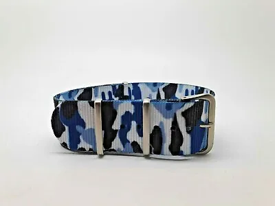 Watch Strap Blue Marine Camouflage NATO G10 Military Mod Style Nylon Satin Steel • £4.25