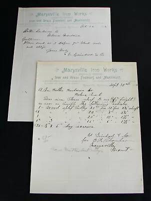 #218 - 2 Old 1892 MARYSVILLE MONTANA / IRON WORKS Letterheads Ephemera BRASS • $9.95