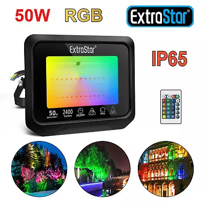 50W LED Flood Lights RGB Colour Changing Floodlight Outdoor Security Garden Lamp • £15.99