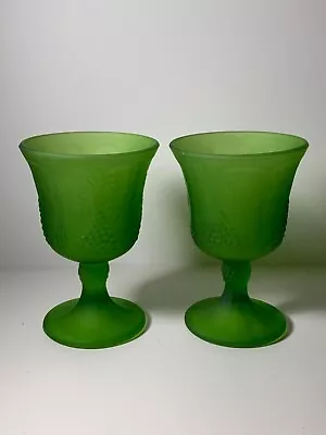 Set Of 2 Vintage Indiana Glass Satin Green Harvest Grape Goblets 5.5 In. • $18.75