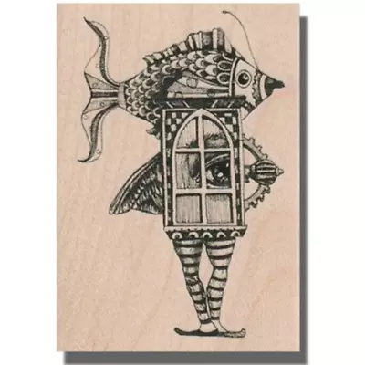 Mounted Rubber Stamp WINDOW FISH Art Stamp Artistic Mixed Media Eye Wings • $13.49