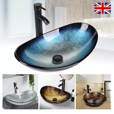 Bathroom Countertop Basin Sink Tempered Glass Wash Bowl Set W/ Tap Pop-up Waste • £44.99
