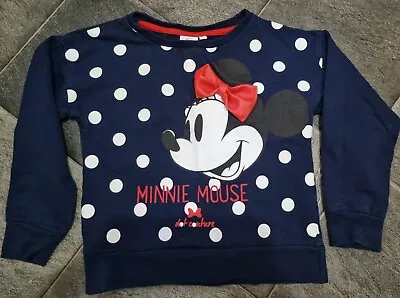 Disney Navy Blue Polka Dot Minnie Mouse Jumper With Faux Leather Red Bow Age 6 • £2