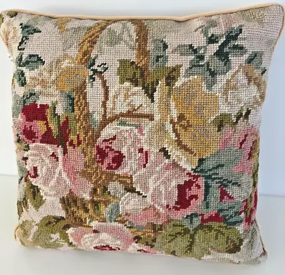 Vintage Needlepoint Tapestry Cushion - Flowers In A Basket  - 40x40cm • £45