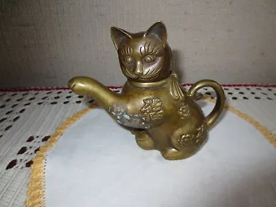 Vtg. ASIAN SOLID BRASS Raised & Inscribed MINIATURE CAT TEAPOT - 4-1/2 H X 5 W • $29