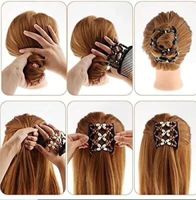 £4.75 • Buy Wooden Beads Magic Hair Combs Stretchy Double Hair Combs Clips Elastic For Women
