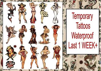 PINUP SAILOR JERRY STYLE Temporary Tattoos OLD SCHOOL WATERPROOF Last 1WEEK+ • £12.99