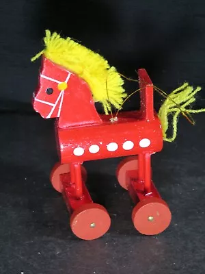 Vintage Wooden Christmas Tree Ornament Toy Horse On Wheels Taiwan B1690 • $8.63