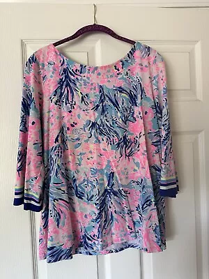 Lilly Pulitzer Alida Top Women’s Size L  Blue And Pink Cotton Stretch • $20