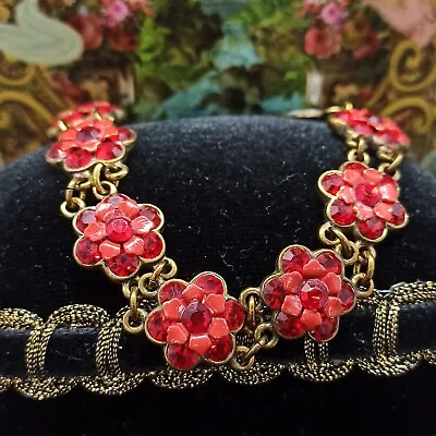 Michal Negrin Bracelet Red Flowers Statement With Swarovski Crystals Signed Gift • $76