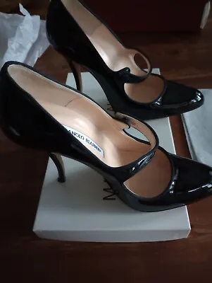 Manolo Blahnik Black Leather Patent Mary Jane Shoes  37.5/4.5 • £350