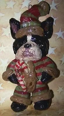 New Folk Art Ornament Boston Terrier Christmas Santa Vintage Style Bakers Clay  • $49