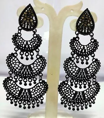 Black Finish Indian 3 Step Metal Jhumka Stylish Party Gift Earrings Set Adj • $22.45