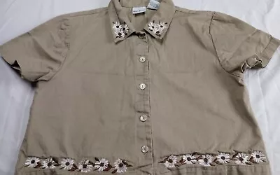 Bobbie Brooks Women's Canbas Button Up Shirt Embroydered Floral Kaki Brown Sz L • £13.87