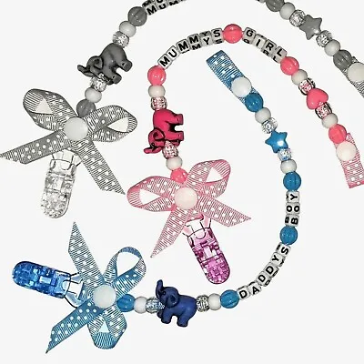 Personalised Bow Dummy Clips Chain Strap Pink Blue Grey Plastic/Metal Clip Mam • £3.25