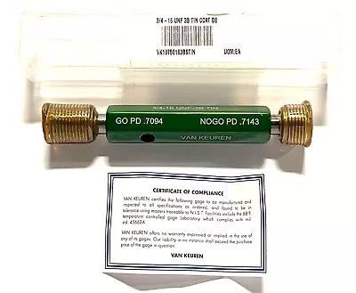 Van Keuren 3/4 -16 UNF 3B Double End Tin Coated Thread Plug Gage With Handle • $104.99