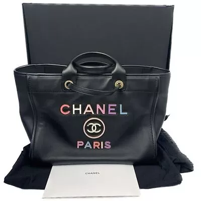 Chanel Deauville Tote Bag Large Shopping A66941 Black Leather Purse Auth New Box • $10016.68