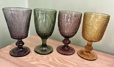 4 X Multi Coloured Wine Glasses Set Baroque Embossed Vintage Style Goblets 300ml • £19.96