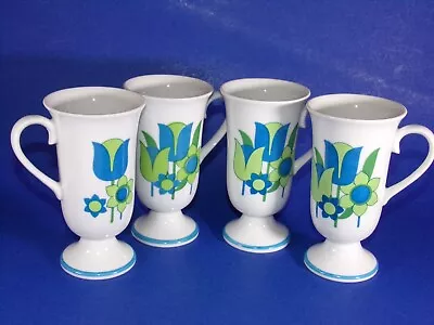 Vintage MOD Era Coffee Mugs Pedestal Tulips Daisies Green Blue Floral • $24.95