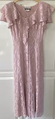 Vintage Marnie West Pink Lace Button Up Dress W/ Capped Sleeves & Shoulder Pads • $10