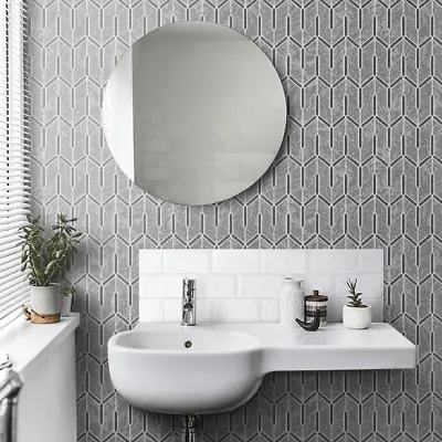 Charcoal Gray Silver Metallic Faux Carbon Textured Wallpaper Geometric Lines 3D • $3.90