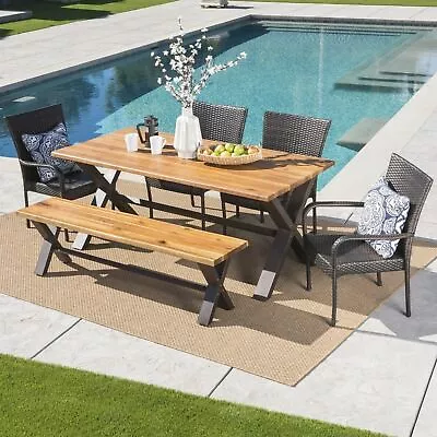 Bula Outdoor 6 Piece Acacia Wood Dining Set With Wicker Stacking Chairs • $1043.08