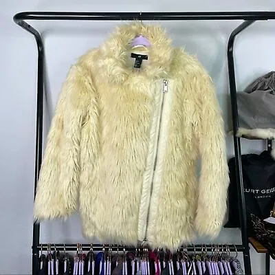 H&M Cream Faux Mongolian Fur Longline Asymmetrical Zip Moto Jacket • $25