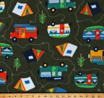 Fleece Gone Camping Camper Trailers Olive Green Fabric Print By The Yard A329.13 • $13.97