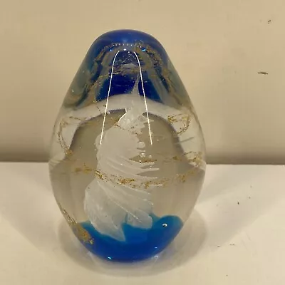 Glass Murano Paperweight Egg Shape Blue White With Gold Fleck Swirl - Disp • $12