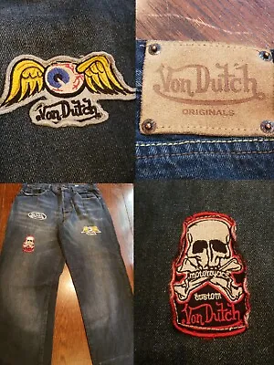 Vtg Von Dutch Dark Wash Distressed Jeans Eye Skull Patch Buttom Fly Pants 36 • $135