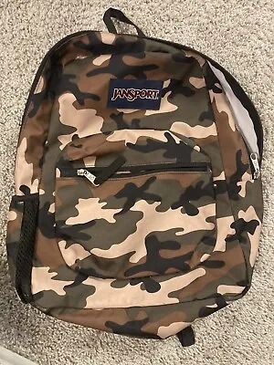 Used JanSport Cross Town Backpack School Student Green Camo Side Bottle Holder • $24.99