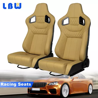 2PCS Reclinable Racing Seats Universal Beige PU Leather Bucket Seats W/2 Sliders • $344.82
