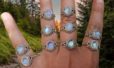 Rainbow Moonstone Gemstone 925 Sterling Silver Handmade Jewelry Ring All Size • $12.15