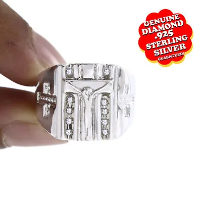 1/10 Ct Round Cut White Natural Diamond 14K White Gold Plated Cross Mens Ring • $166.01