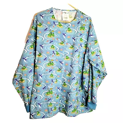 Happy Scrubs Top Women 2X Blue Frog Dragonflies Lily Pad Long Sleeves Snap Front • $12.99