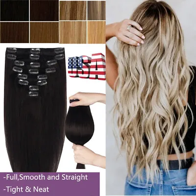 100% 8pcs Double Weft Clip In Remy Human Hair Extensions Full Head Real Thick US • $24.37