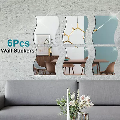 6PCS Mirror Tile Wall Sticker Square Self Adhesive Room Decor Stick On Art • £4.99