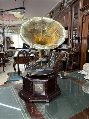Grammofono Antico Con Tromba - Quadrato In Noce, Con Disco E Puntine, Stile Vintage