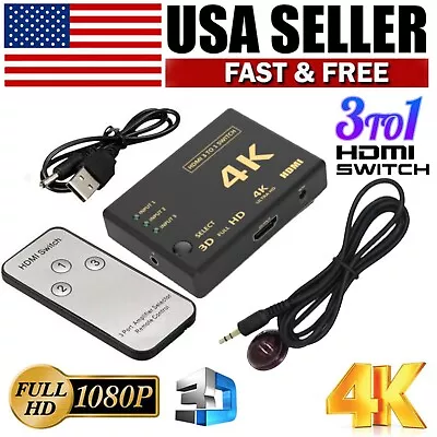 4K HDMI Switch Splitter 4 Port Selector Switcher Hub IR Remote HDTV 3 In 1 Out • $11.59