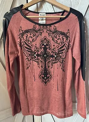 New Vocal Apparel Womens Crystal Studded Cross Wings Long Sleeve S Small • $25